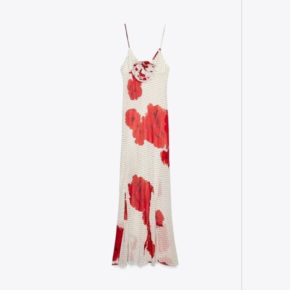NWT Zara FLORAL PRINT LONG DRESS Polka Dot White And Red Flower - Picture 13 of 16